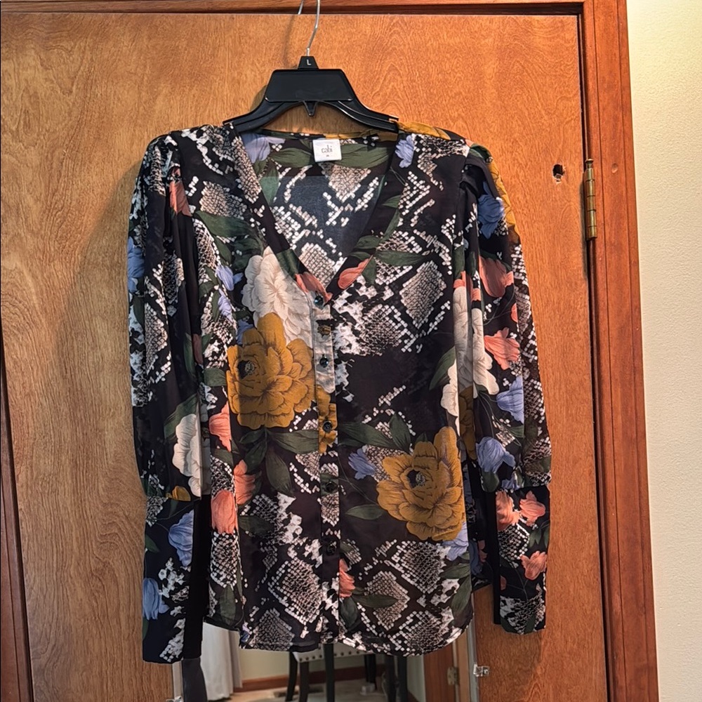 Cabi Black and Floral Snake Skin Button Down Blouse